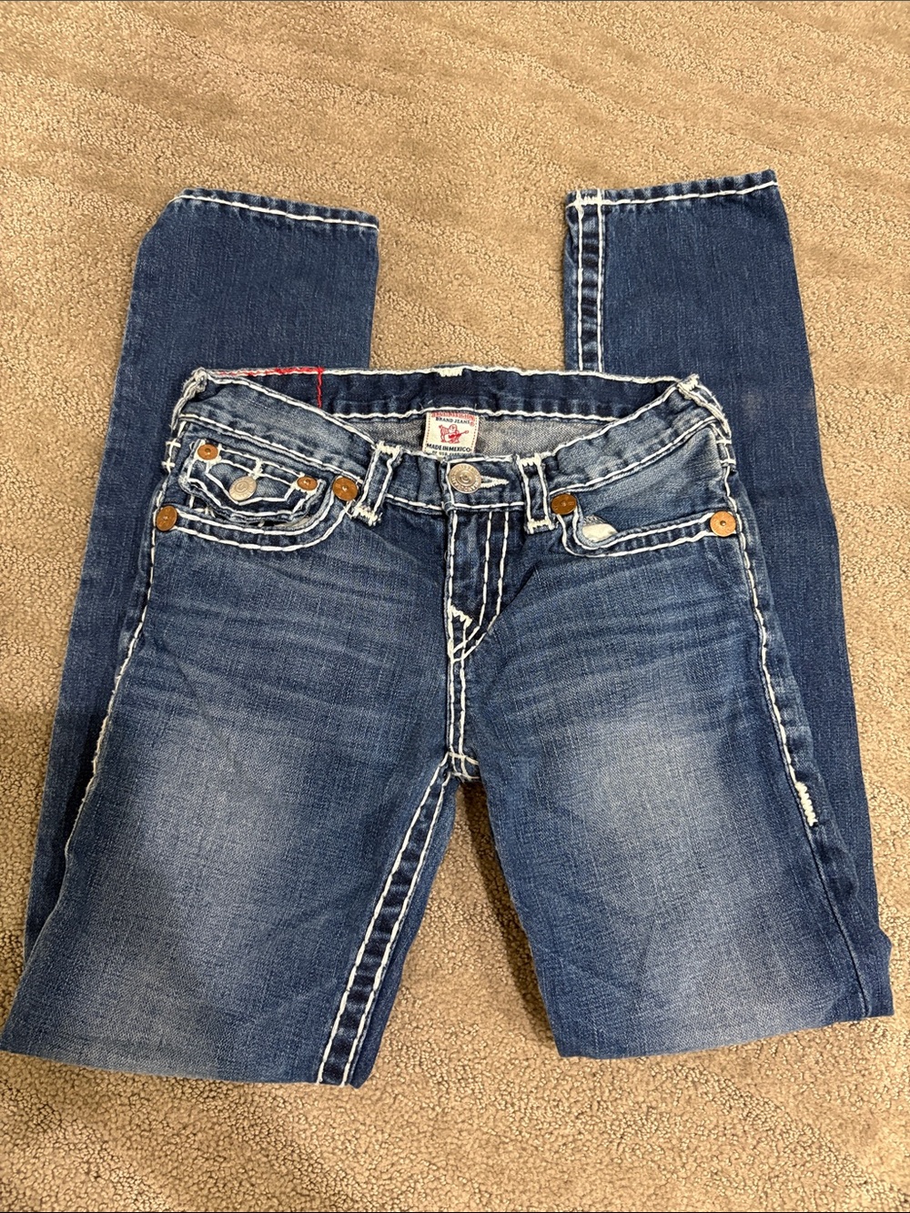 True Religion Dark Blue Skinny Jeans with White Contrast Stitching
